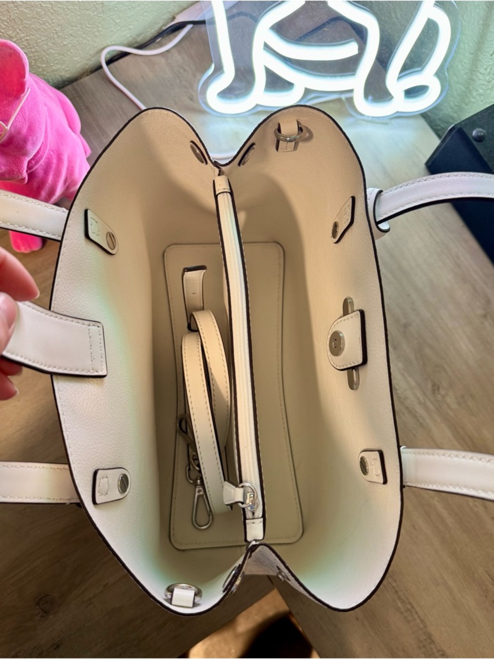 Michael Kors White Signature Logo Tote with Silver Charm - Picture 7 of 10